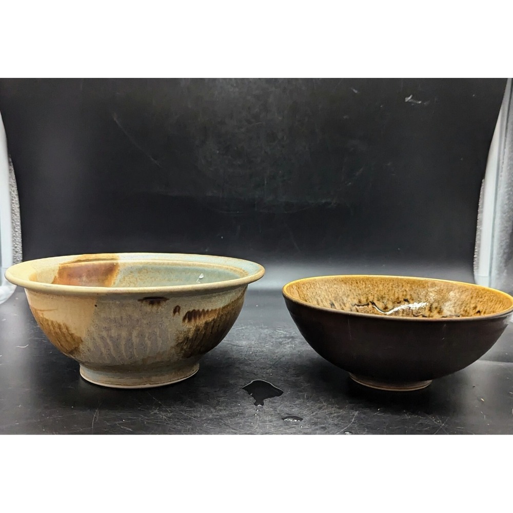 Lot/2 Vintage Studio Art Pottery Ceramic Bowls Brown Beige Signed 7* 7.75"